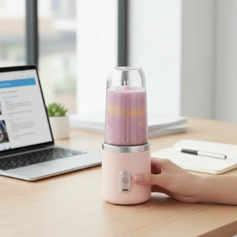 Licuadora portátil rosa con jarra de cristal y smoothie morado