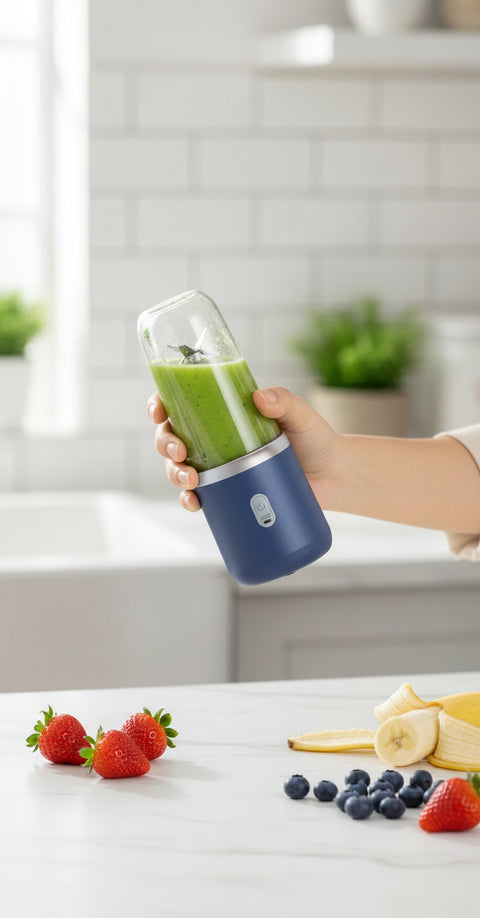 Licuadora portátil rosa con batido de frutas sobre encimera de cocina.