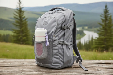 Mochila para laptop gris con licuadora portátil multifunción recargable y botella