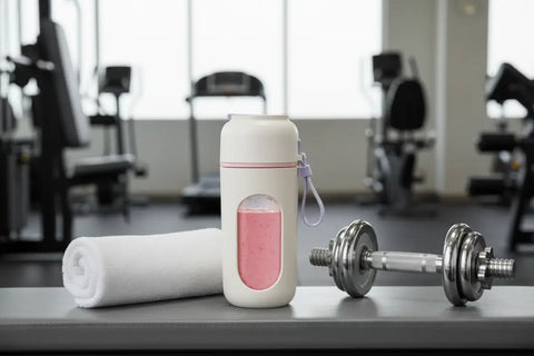 Batidora de vaso portátil rosa de 380 ml de pie sobre una encimera de gimnasio