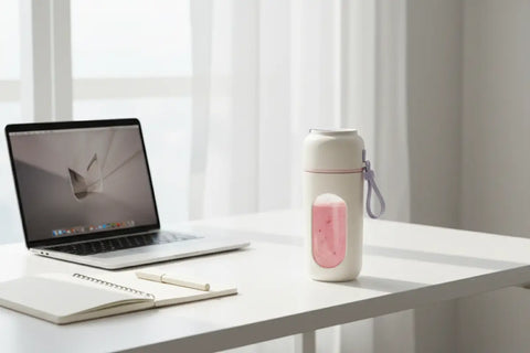 Batidora portátil para batidos verdes sobre escritorio blanco junto a un portátil y libreta