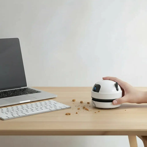 Mini aspirador de escritorio USB junto a un portátil limpiando migas.