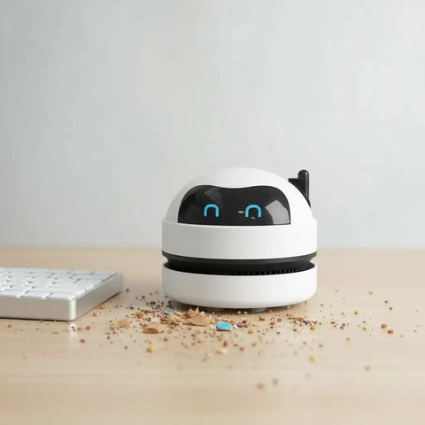 Limpiador eléctrico USB compacto aspirando polvo y migas en el escritorio.