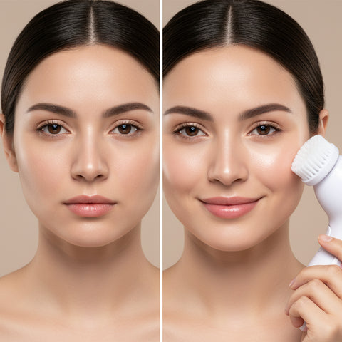 Rostro femenino en comparación antes y después de usar un limpiador facial, piel más suave y uniforme.