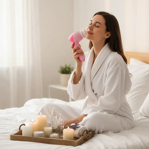 Mujer en bata blanca sentada en la cama usando el limpiador facial eléctrico en un ambiente tipo spa en casa.