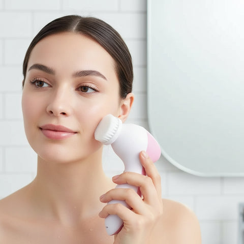 Mujer joven utilizando el limpiador facial eléctrico en la mejilla durante su rutina de cuidado.