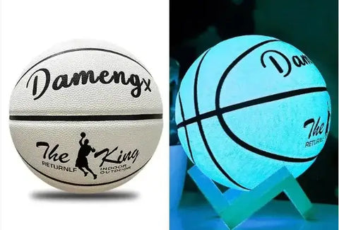 Balón luminoso de cuero suave PU, blanco con letras negras y logo, brilla en azul, perfecto para exteriores