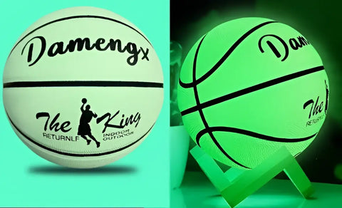 Balón de baloncesto luminoso de cuero suave PU, blanco con letras negras y logo, ideal para exteriores