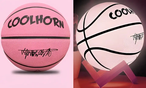 Balón luminoso de baloncesto en cuero suave PU rosa con cuerno cool, letras negras y firma, perfecto para exteriores