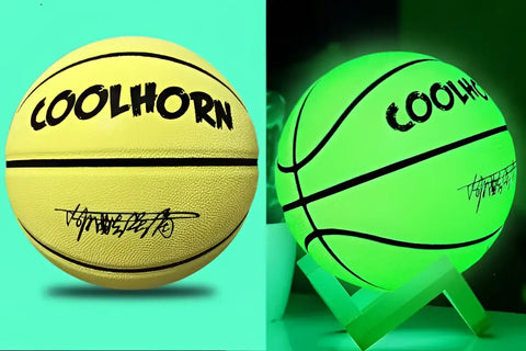 Balón luminoso de baloncesto en cuero suave PU, amarillo con letras negras y firma, perfecto para exteriores