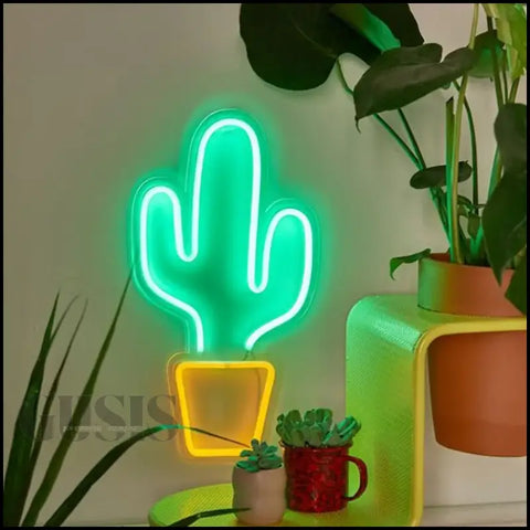 Luz de Neón LED con cactus iluminado, barra de luces de neón decorativa