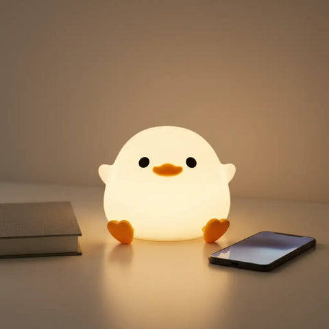Luz nocturna pato de silicona blanca, lindo con pico y patas naranjas