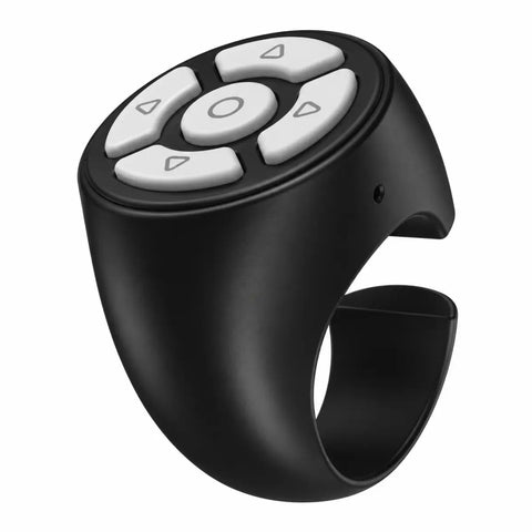 Mando bluetooth de anillo para móvil negro ergonómico con botones blancos en círculo para reproducción multimedia con sola mano