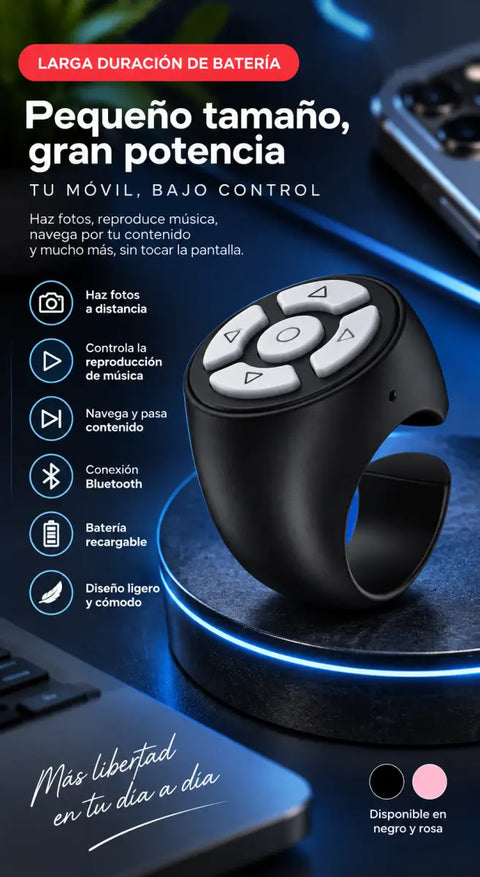 Mando bluetooth de anillo negro con botones blancos para reproducción multimedia y control con sola mano