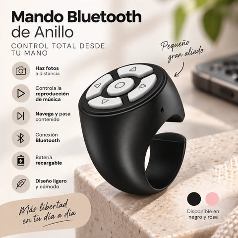 Mando bluetooth de anillo negro con botones blancos para control de reproducción multimedia con sola mano