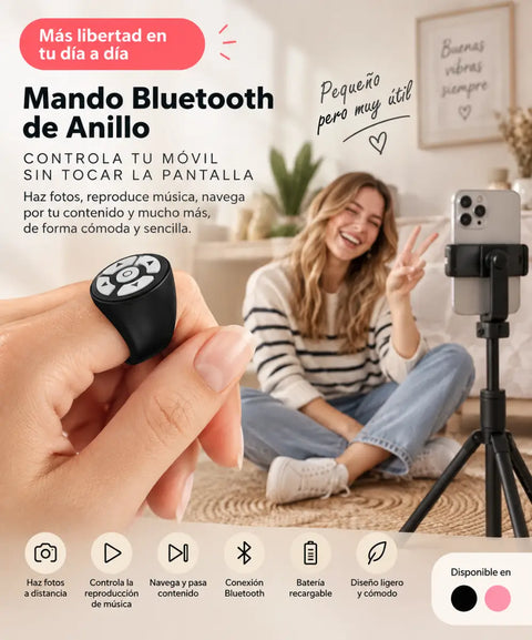 Mando bluetooth de anillo negro con botones blancos para reproducción multimedia con control de sola mano