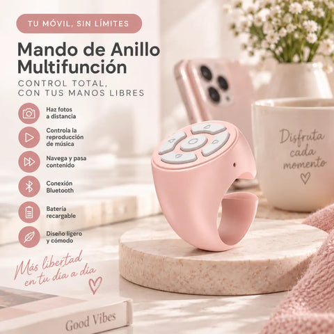 Mando bluetooth de anillo rosa de silicona con botones gris claro para reproducción multimedia con sola mano