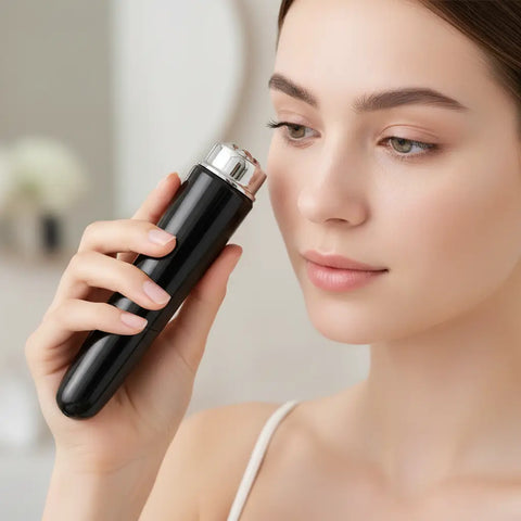 Mujer joven en primer plano usando un masajeador eléctrico negro para el contorno de ojos en el baño, con fondo claro desenfocado y luz suave de estilo cosmético profesional.