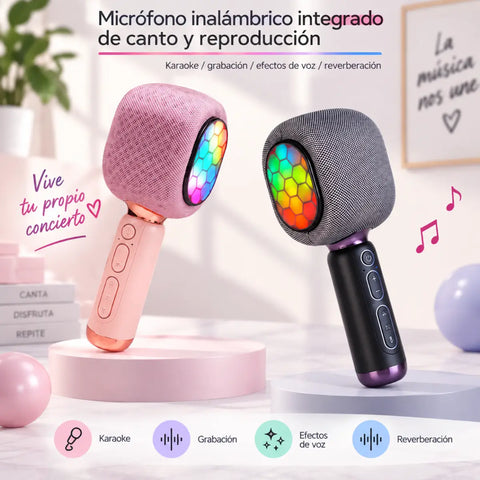 Micrófono karaoke bluetooth inalámbrico rosa y negro con altavoz integrado y luces led coloridas para fiesta