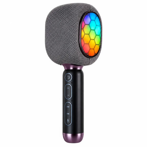 Micrófono karaoke bluetooth negro y morado con altavoz integrado y pantalla led hexagonal multicolor iluminada