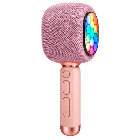 Micrófono karaoke bluetooth inalámbrico rosa con malla metálica y altavoz integrado con luces led multicolor