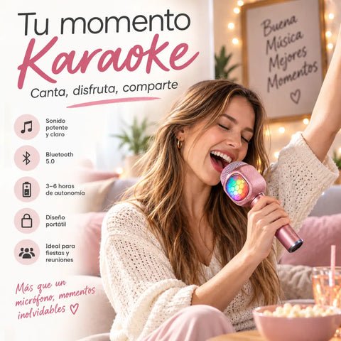 Micrófono inalámbrico bluetooth rosa con altavoz integrado y luces led coloridas para karaoke bluetooth inalámbrico