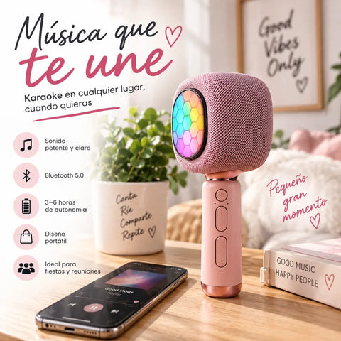 Micrófono karaoke bluetooth rosa con altavoz integrado, panel led hexagonal y detalles en rosa dorado