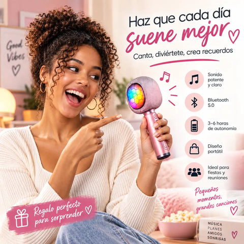 Micrófono karaoke bluetooth rosa con altavoz integrado y malla iluminada de acabado metálico elegante