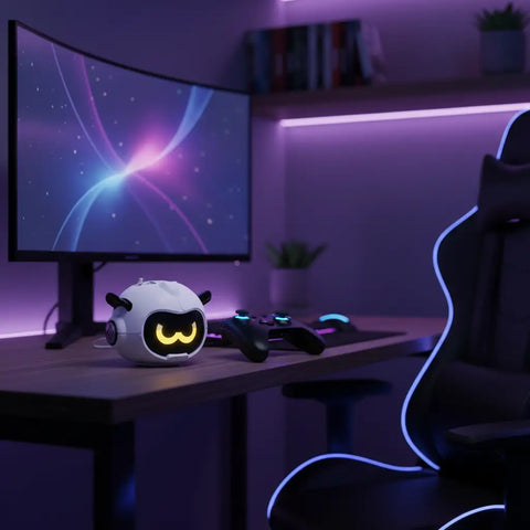 Mini altavoz Bluetooth blanco y negro con luces verdes encendido en una habitación gaming.