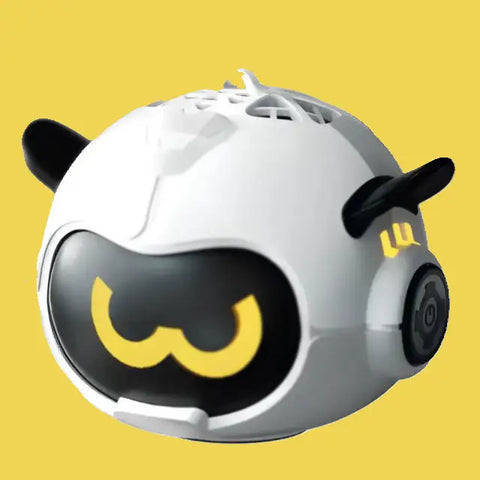 Robot esférico blanco con detalles negros y pantalla amarilla.