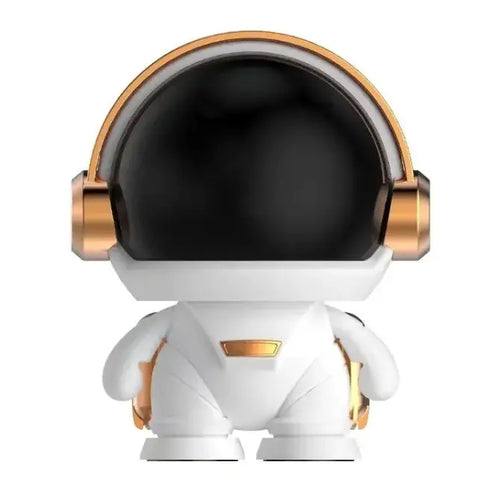 altavoz en forma de astronauta blanco y dorado con pantalla 