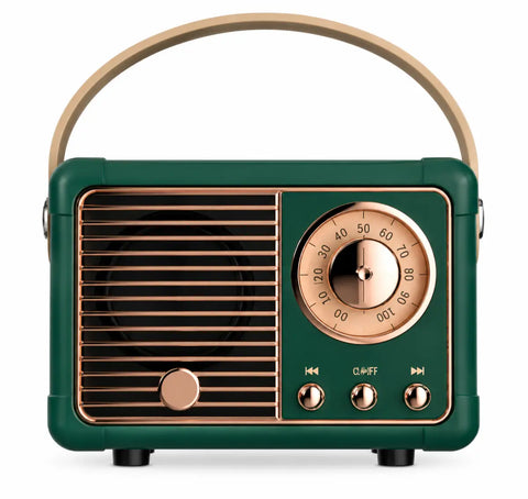 Mini altavoz bluetooth retro portátil verde y cobre con asa curva y función usb y tarjeta de memoria
