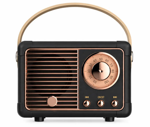 Mini altavoz bluetooth retro portátil en negro y rosa dorado con asa de madera para usb y tarjeta de memoria