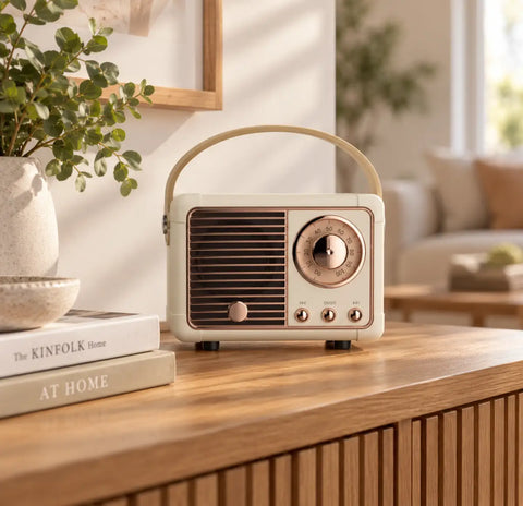 Mini altavoz bluetooth retro portátil color crema con dial y asa en rosa dorado y ranuras verticales en el panel frontal