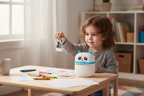 Niña usando impresora portátil mini panda para imprimir dibujos en una mesa de estudio