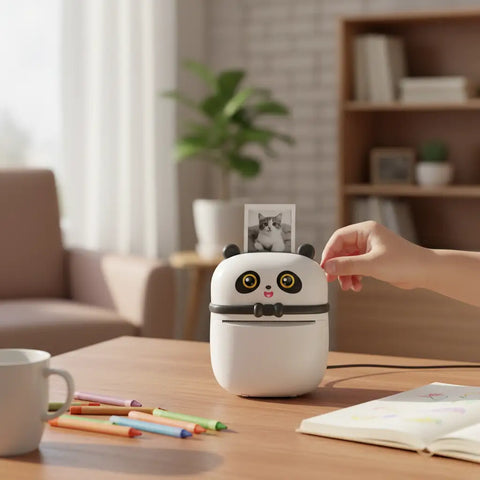 Mini impresora portátil con diseño de panda sobre escritorio de madera junto a cuadernos y planta decorativa