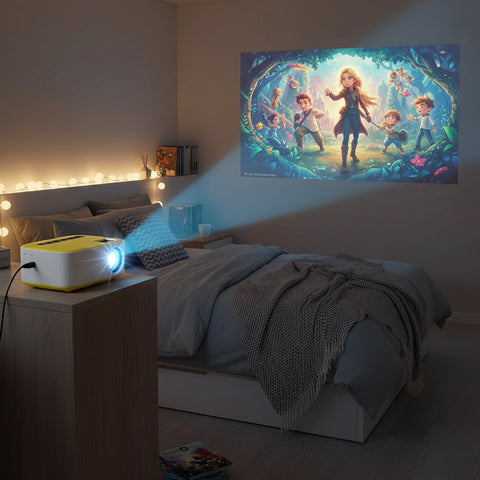 Proyector mini inalámbrico amarillo y blanco para teléfono, diseño compacto