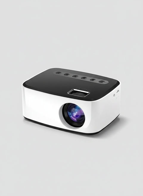 Proyector mini inalámbrico para teléfono móvil en diseño blanco y negro con puerto USB