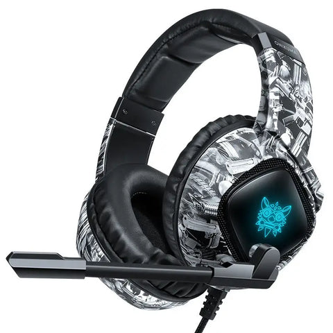 Auriculares gaming onikuma k19 camuflaje con diseño mecánico negro y plata e iluminacion led azul para electronica