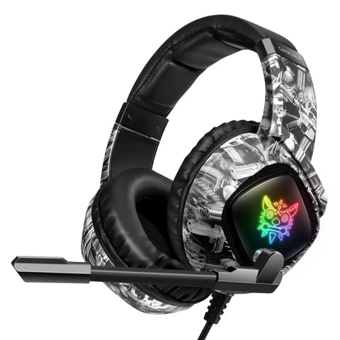 Auriculares para gaming onikuma k19 negros con diseño de armas y iluminacion rgb electronica en la orejera