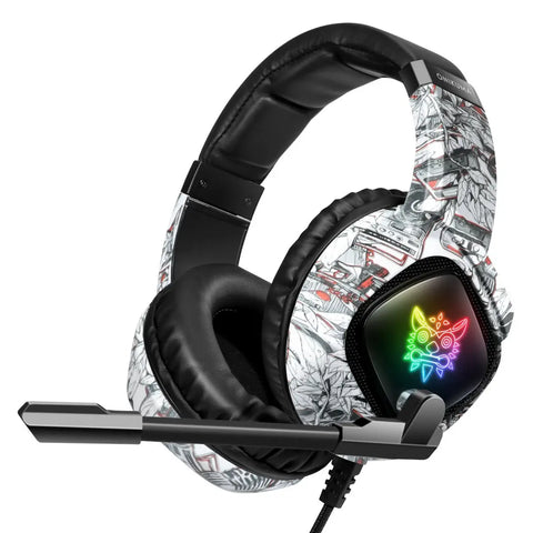 Ilustración en blanco y negro de auriculares gaming onikuma k19 con logo arcoíris iluminacion rgb para electronica