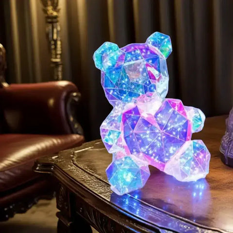 Imagen del osito LED color spark iluminado con forma geométrica y corazón brillante
