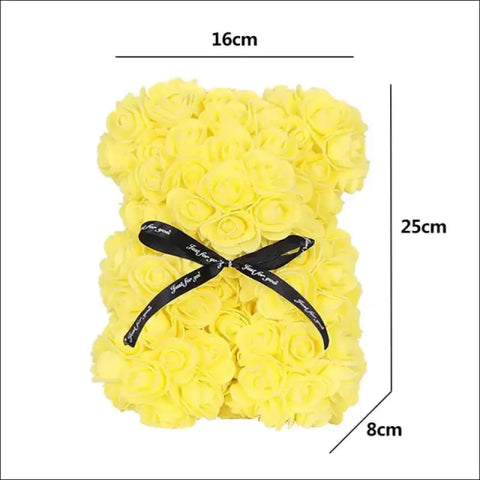Oso de rosas, peluche artificial con rosa amarilla y moño negro perfecto para San Valentín