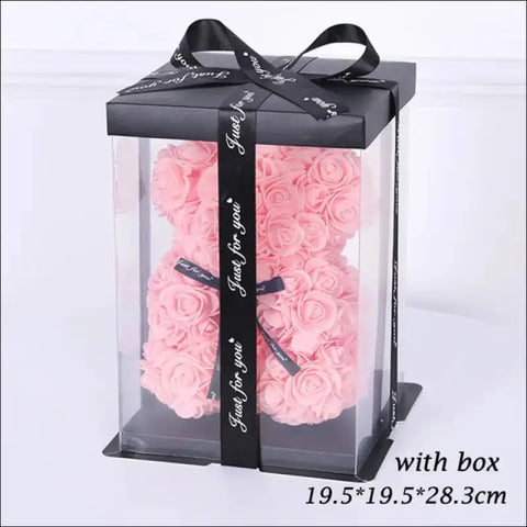Oso de rosas, peluche artificial con rosa rosa en caja clara para San Valentín