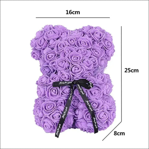 Oso de rosas, peluche artificial morado con lazo negro para San Valentín