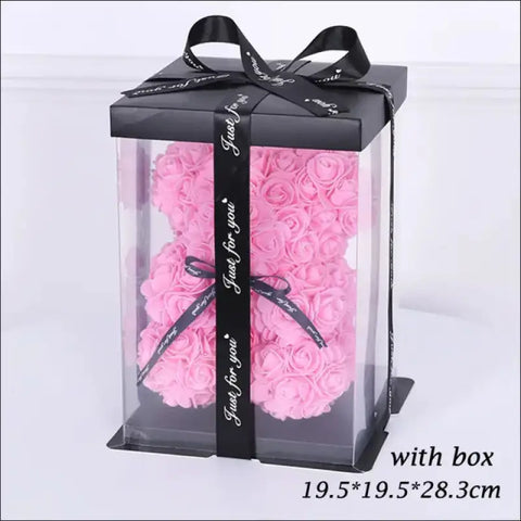 Oso de rosas: peluche artificial de rosa en caja con cinta negra, ideal para San Valentín