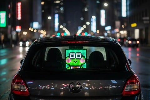 Pantalla LED Bluetooth con personaje pixelado verde en Nissan Micra