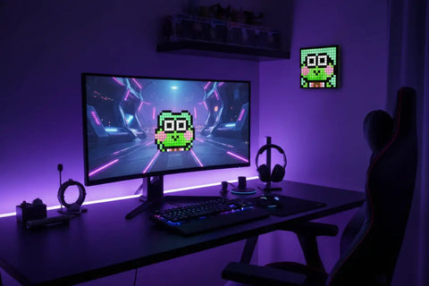 Pantalla LED Bluetooth con rana verde pixelada, ojos negros y nariz rosa