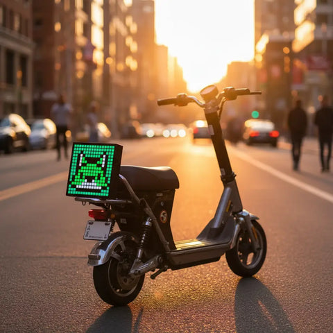Scooter eléctrico plateado con pantalla LED Bluetooth verde pixelada en la parte trasera