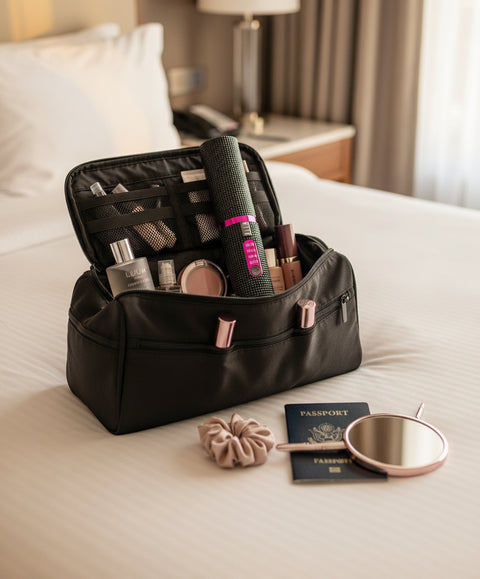 Plancha y rizador LUUM guardado en neceser de viaje